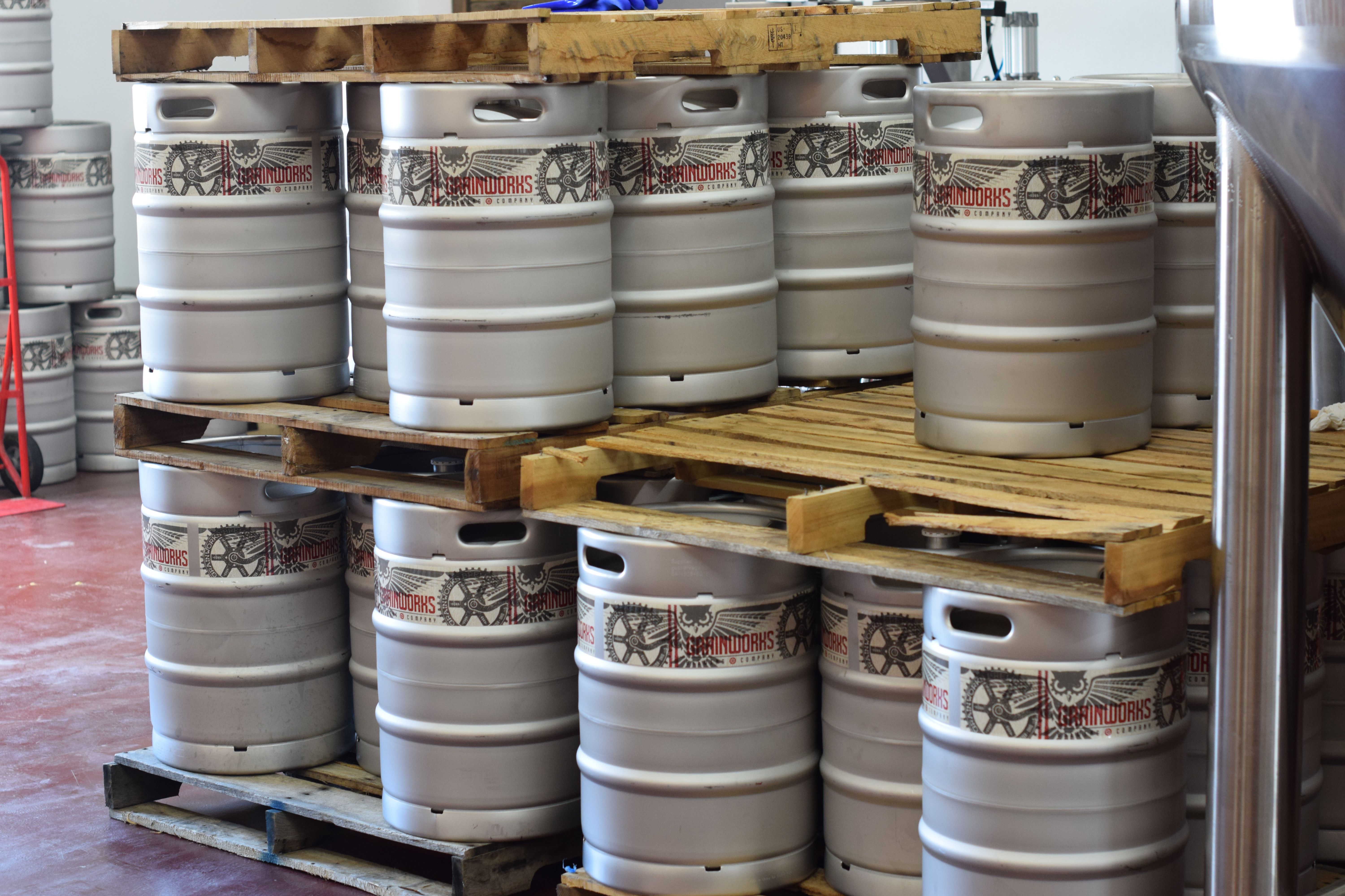 Kegs lined up at Grainworks Brewing Company in West Chester, Ohio